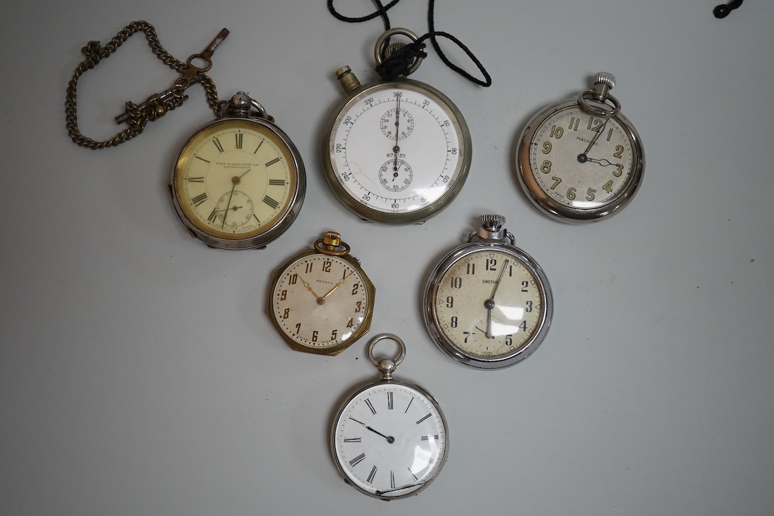 A late 1930's base metal cased Air Ministry spilt second stop watch, case diameter 60mm, together with a Swiss 935 standard open faced pocket watch, one other small white metal pocket watch and three base metal pocket wa